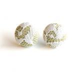 Tan And White Lace Covered Button Earrings