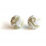 Tan And White Lace Covered Button Earrings