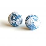 Medium Blue And White Lace Button Earrings