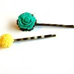 Turquoise Green And Yellow Flower Bobby Pins - Set..