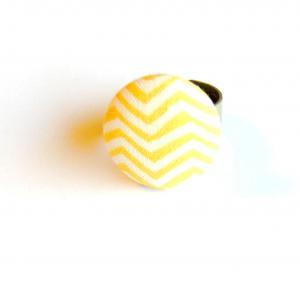 Yellow And White Chevron Fabric Button Ring