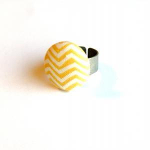 Yellow And White Chevron Fabric Button Ring