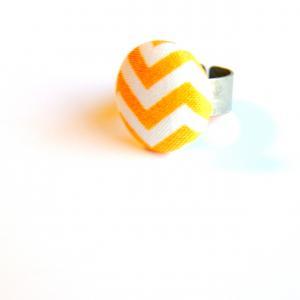 Orange And White Chevron Button Fabric Ring