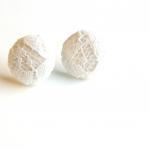 White Fabric And Lace Button Stud Earrings