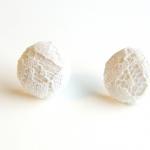 White Fabric And Lace Button Stud Earrings