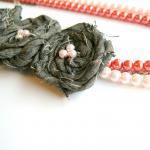 Pink Pearls With Chain And Fabric Rosettes