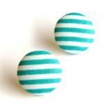 Green And White Stripes Fabric Button Earrings -..