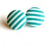 Green And White Stripes Fabric Button Earrings -..