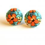 Caribbean Flower Fabric Button Stud Earrings -..