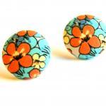 Caribbean Flower Fabric Button Stud Earrings -..