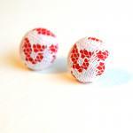 Red With White Lace Fabric Covered Button Stud..