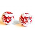 Red With White Lace Fabric Covered Button Stud..