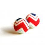 Chevron Fabric Covered Button Earrings - Red