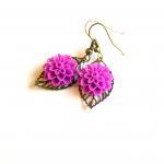 Purple Flower And Brass Leaf Earrings