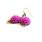 Purple Flower And Brass Leaf Earrings