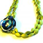 Lime Green Fabric Flower Beaded Necklace