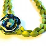 Lime Green Fabric Flower Beaded Necklace