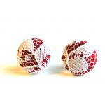 Cranberry And White Lace Fabric Button Stud..