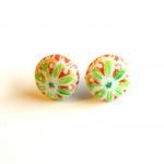 Burnt Red And Green Flower Fabric Button Earrings