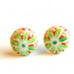 Burnt Red And Green Flower Fabric Button Earrings
