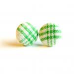 Green And White Plaid Button Earrings