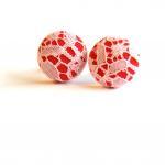 Red And Ivory Lace Fabric Button Earrings