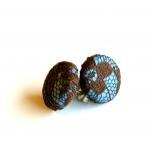 Light Blue And Brown Lace Button Covered Earrings