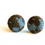 Light Blue And Brown Lace Button Covered Earrings