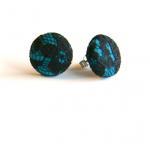 Teal And Black Lace Fabric Button Earrings