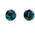 Teal And Black Lace Fabric Button Earrings