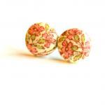 Pink Flower Fabric Covered Button Earrings