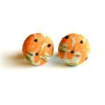 Peach Flower Fabric Button Earrings