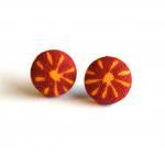 Maroon And Yellow Sun Fabric Button Earrings