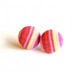 Pink And Yellow Plaid Fabric Button Earrings