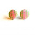 Pink With Green Stripes Fabric Button Earrings