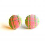 Pink With Green Stripes Fabric Button Earrings