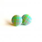 Purple, Green And Turquoise Plaid Button Earrings