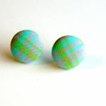 Purple, Green And Turquoise Plaid Button Earrings