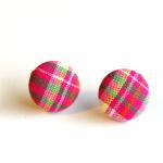 Pink Plaid Fabric Covered Button Earrings