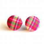 Pink Plaid Fabric Covered Button Earrings