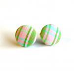 Light Pink Plaid Fabric Button Earrings