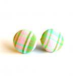 Light Pink Plaid Fabric Button Earrings