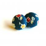 Blue With Flowers Fabric Button Earrings