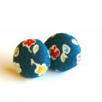 Blue With Flowers Fabric Button Earrings