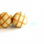 Tan Stripe Fabric Button Earrings
