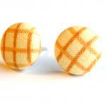 Tan Stripe Fabric Button Earrings