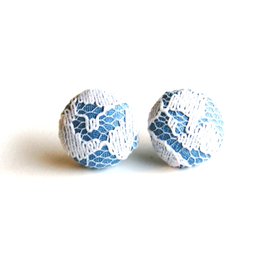 Medium Blue And White Lace Button Earrings