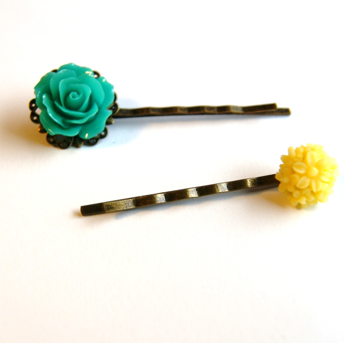 Turquoise Green And Yellow Flower Bobby Pins - Set Of Two