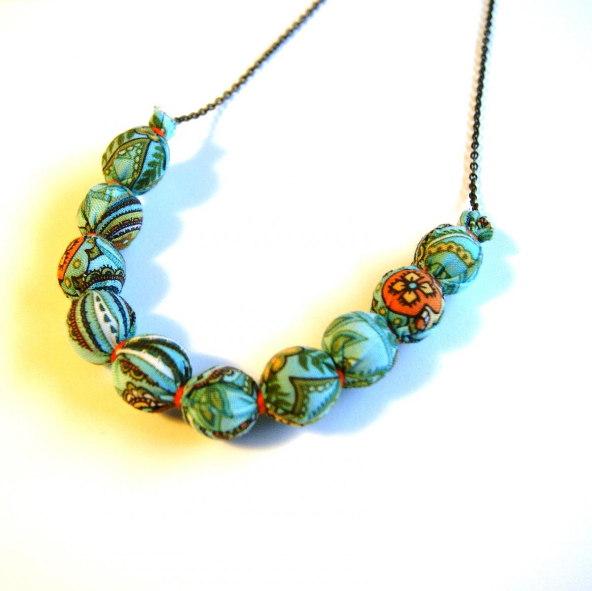 Blue And Orange Fabric Wrapped Necklace