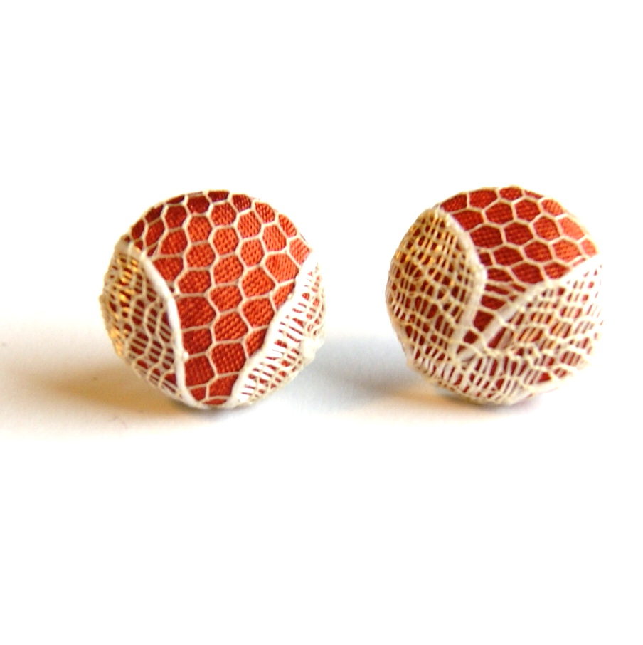 Orange And Yellow Lace Fabric Button Stud Earrings